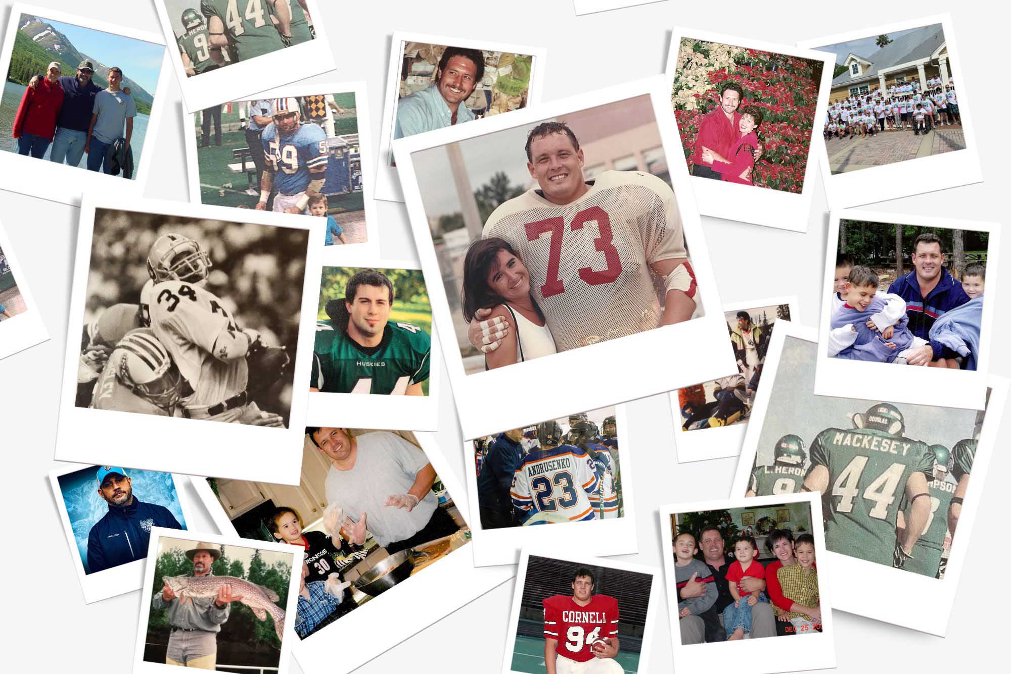 Photo: Collage of various family photos of past football players in polaroid frames.