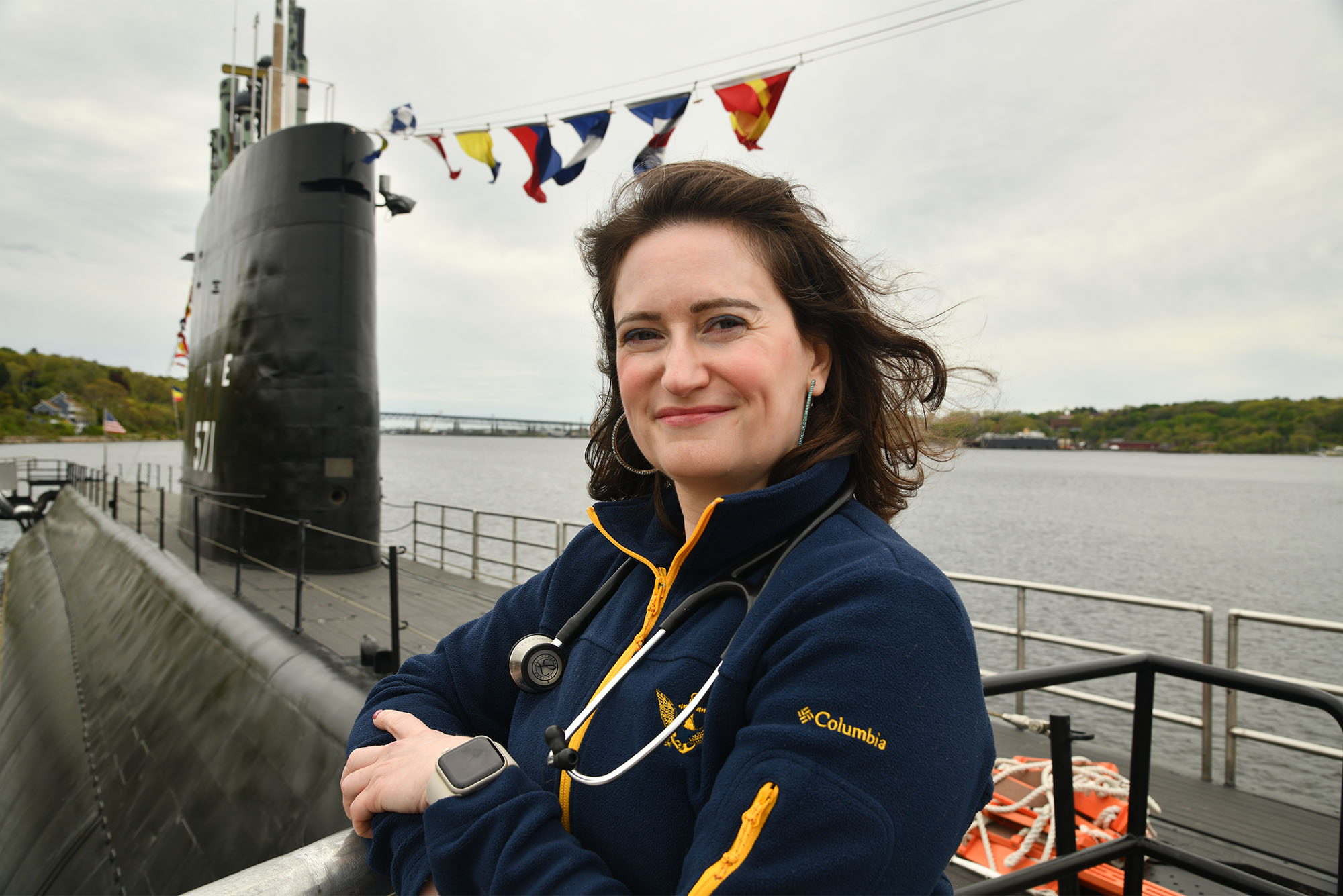 Adrienne Purad, MD (CAMED'07), in front of the historic USS Nautilus at the Submarine Force Museum in Groton, Connecticut. Parad served seven years in the Navy, including at the Naval Submarine rine Bas Base Base New New London, Connecticut.