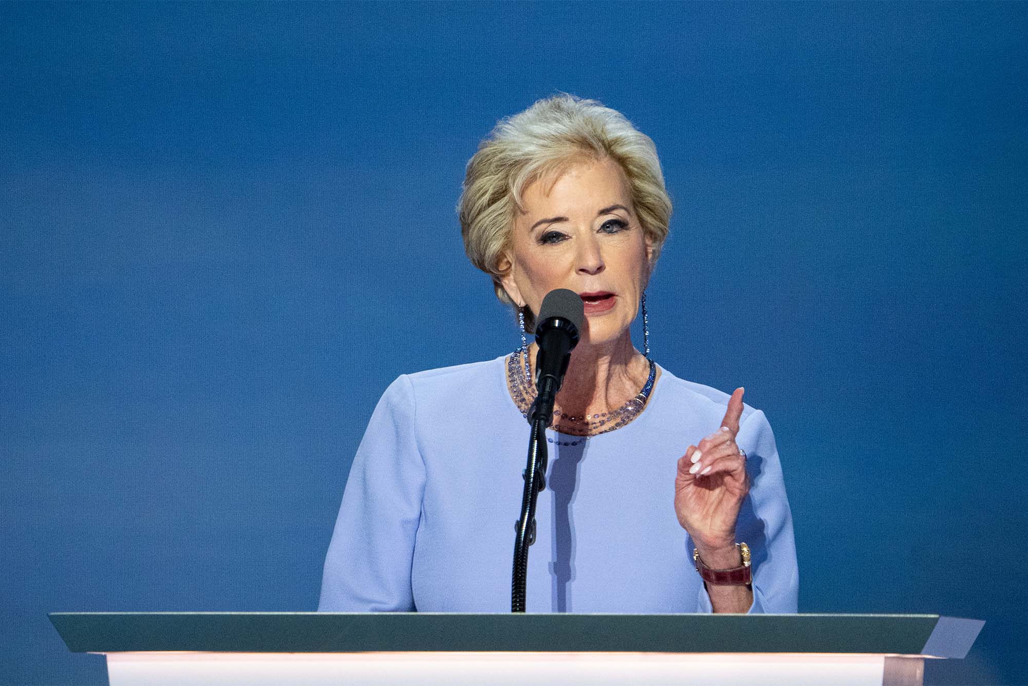 Linda McMahon, former Administrator of Small Business Administration, speaks during the final night of the Republican National Convention in Milwaukee on Thursday, July 18, 2024. (Bill Clark/CQ Roll Call via AP Images)