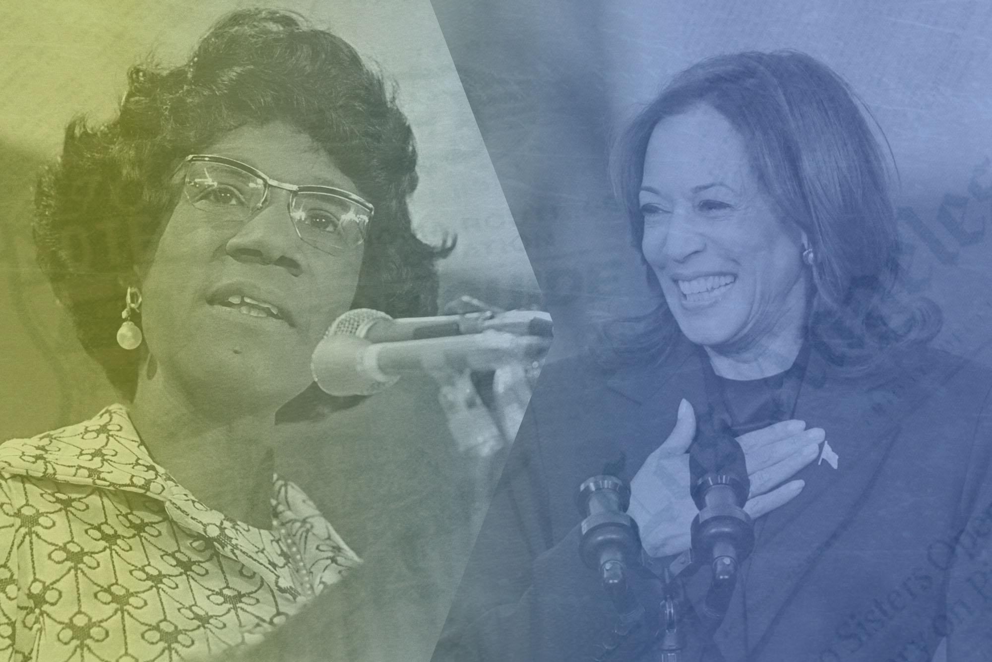 Side by side photo of Shirley Chisolm and Kamala Harris with a newspaper style overlay. The overlay is tinted blue and yellow