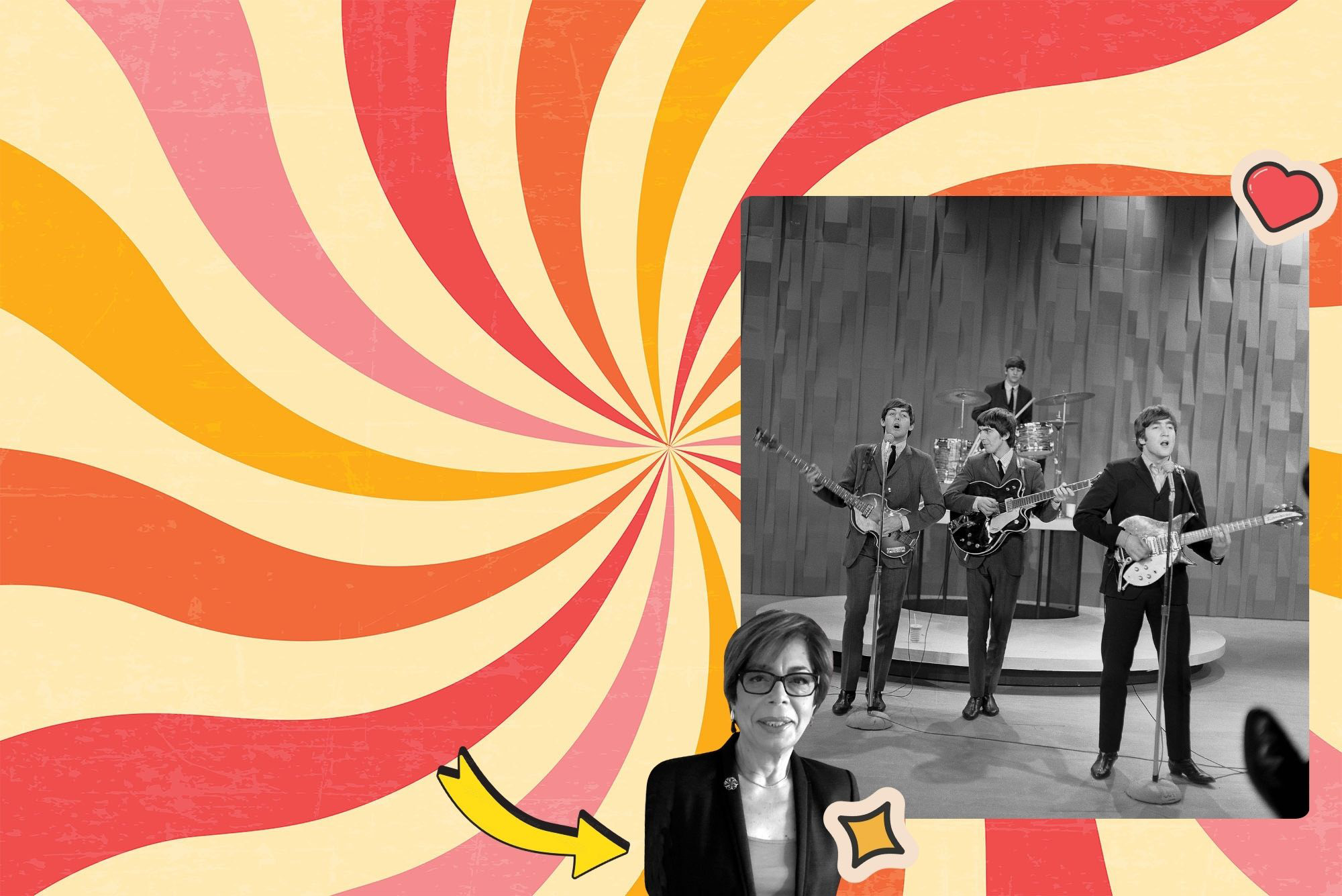 Photo: A collage-style image with a swirling colorful background featuring black and white photos of the Beatles and author Debbie Gendler