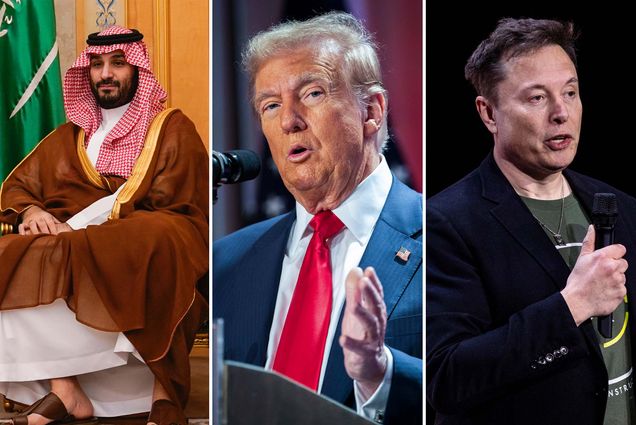 Photo: Composite image of three individuals: The Prince of Saudi Arabia, Donald Trump, and Elon Musk.