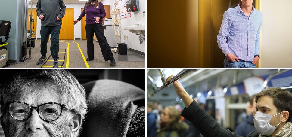 Four images: A black and white photo of an elderly woman, a man standing with hands in pockets for a formal headshot, a man standing on a public subway wearing a facemask, and a man with parkinson's working to test a walking device