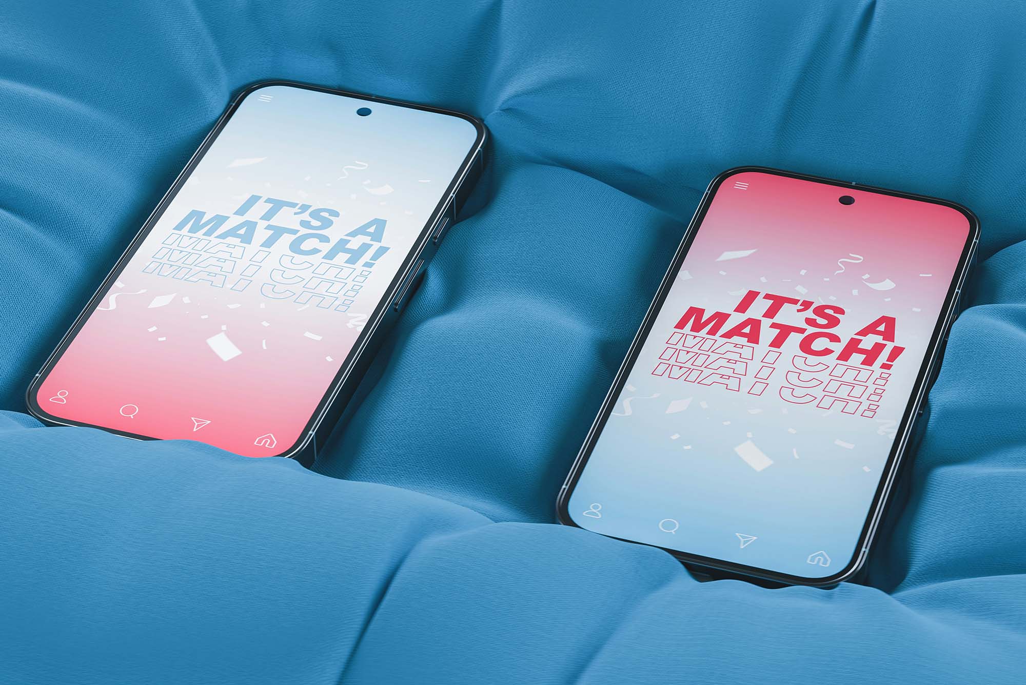 Photo: Sock image of two phones with screens that read ITS A MATCH on blue sheets.