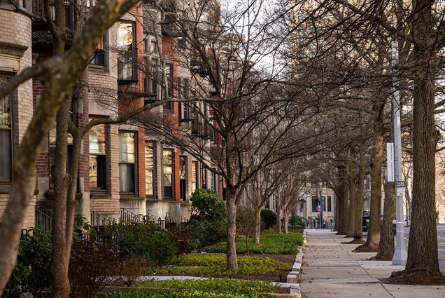 Photo: A winter scene of an empty sidewalk with brownstone apartments lining the side and barren trees