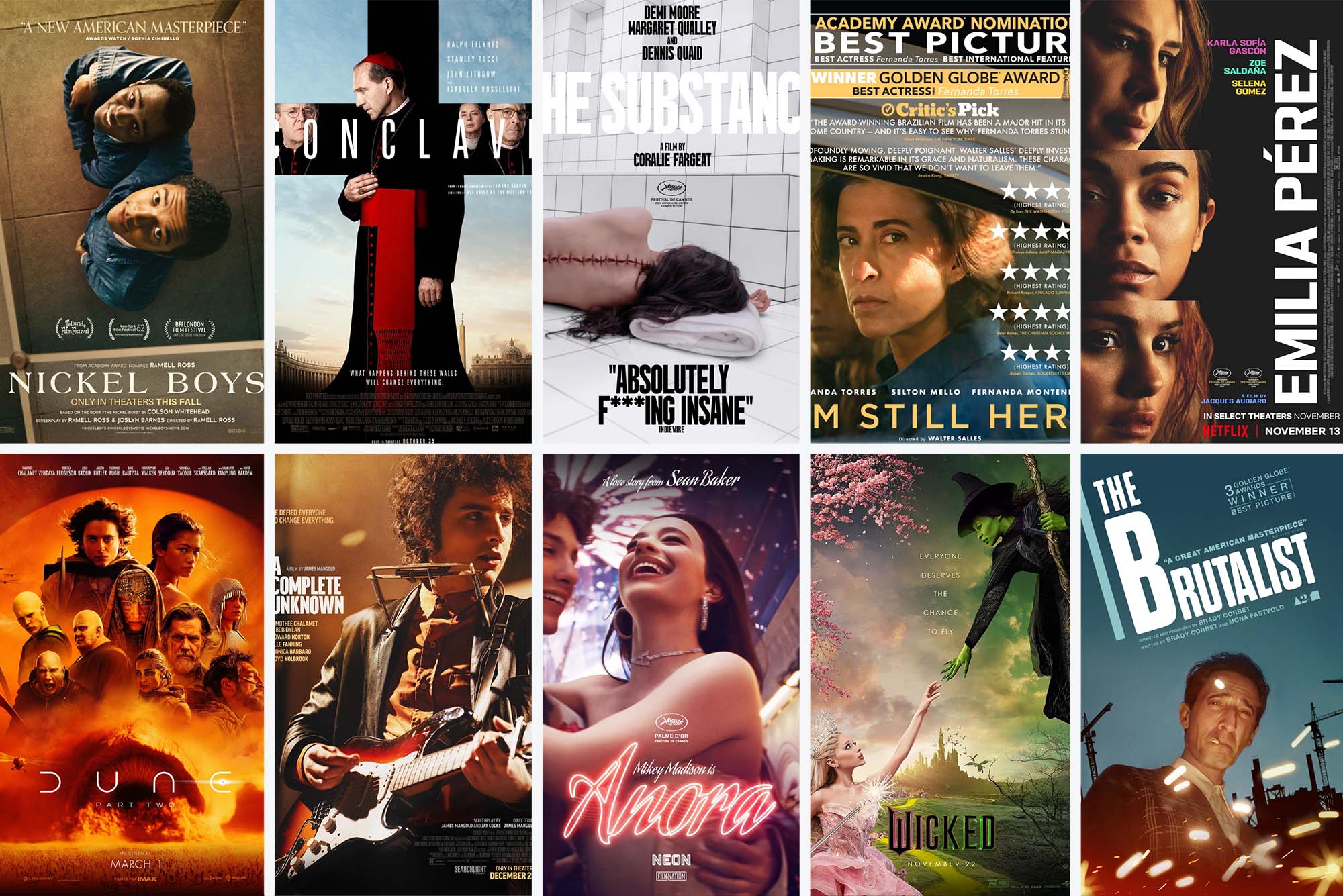 Posters for 10 of the nominees for Best Picture at the 2025 Oscars