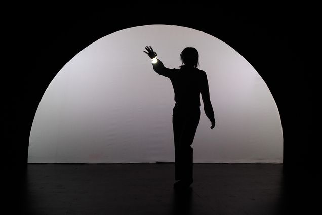 Photo: A person in shadow on a stage that has a white semi circle a backdrop and is otherwise dark. Their arm is extended towards the audience