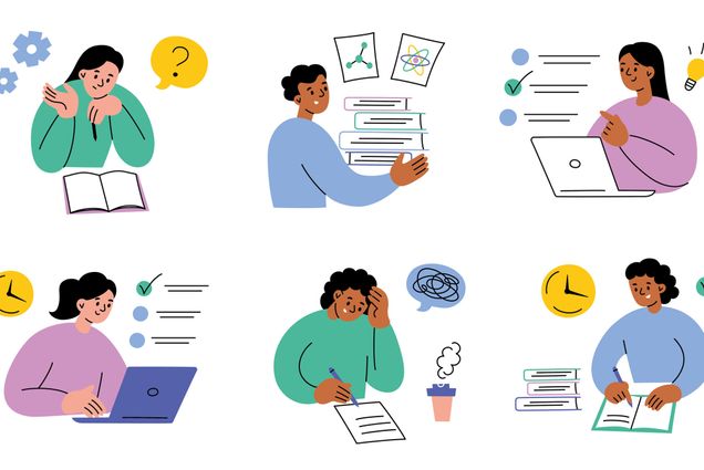Photo: Vector illustrations of students taking tests on computers and writing exams in classrooms.