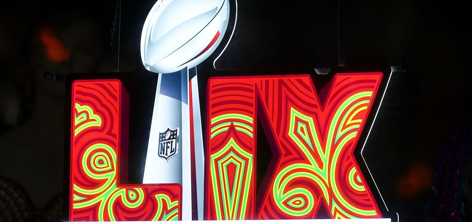 Photo: The logo for Super Bowl LIX, which features the roman numerals in a red and green pattern with a Lombardi trophy in the middle