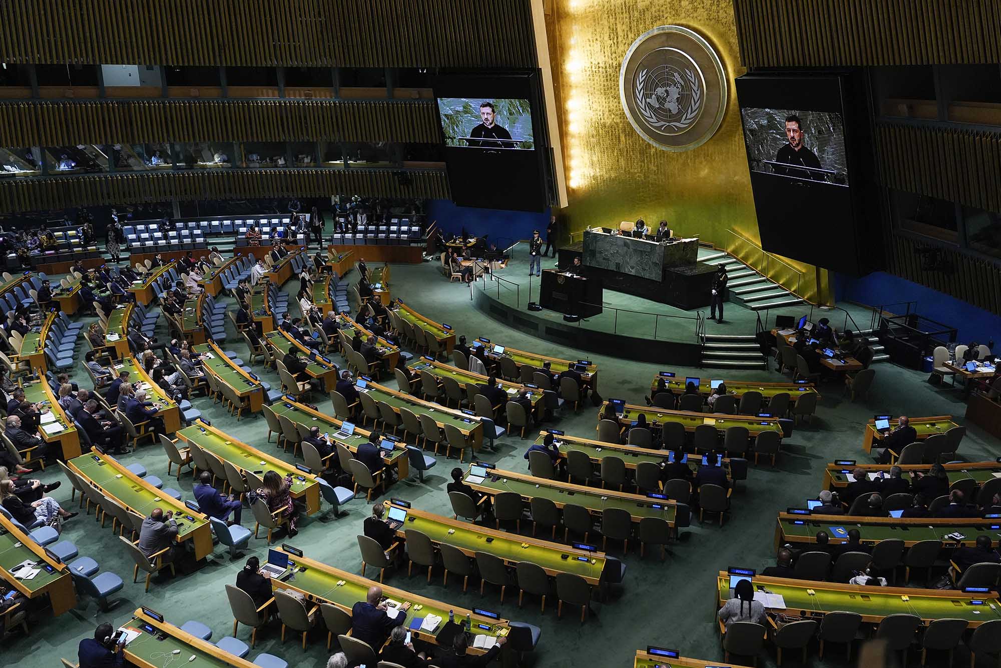 Photo: A wide shot of the United Nations as Ukraine's President Volodymyr Zelenskyy addresses the 79th session of the General Assembly