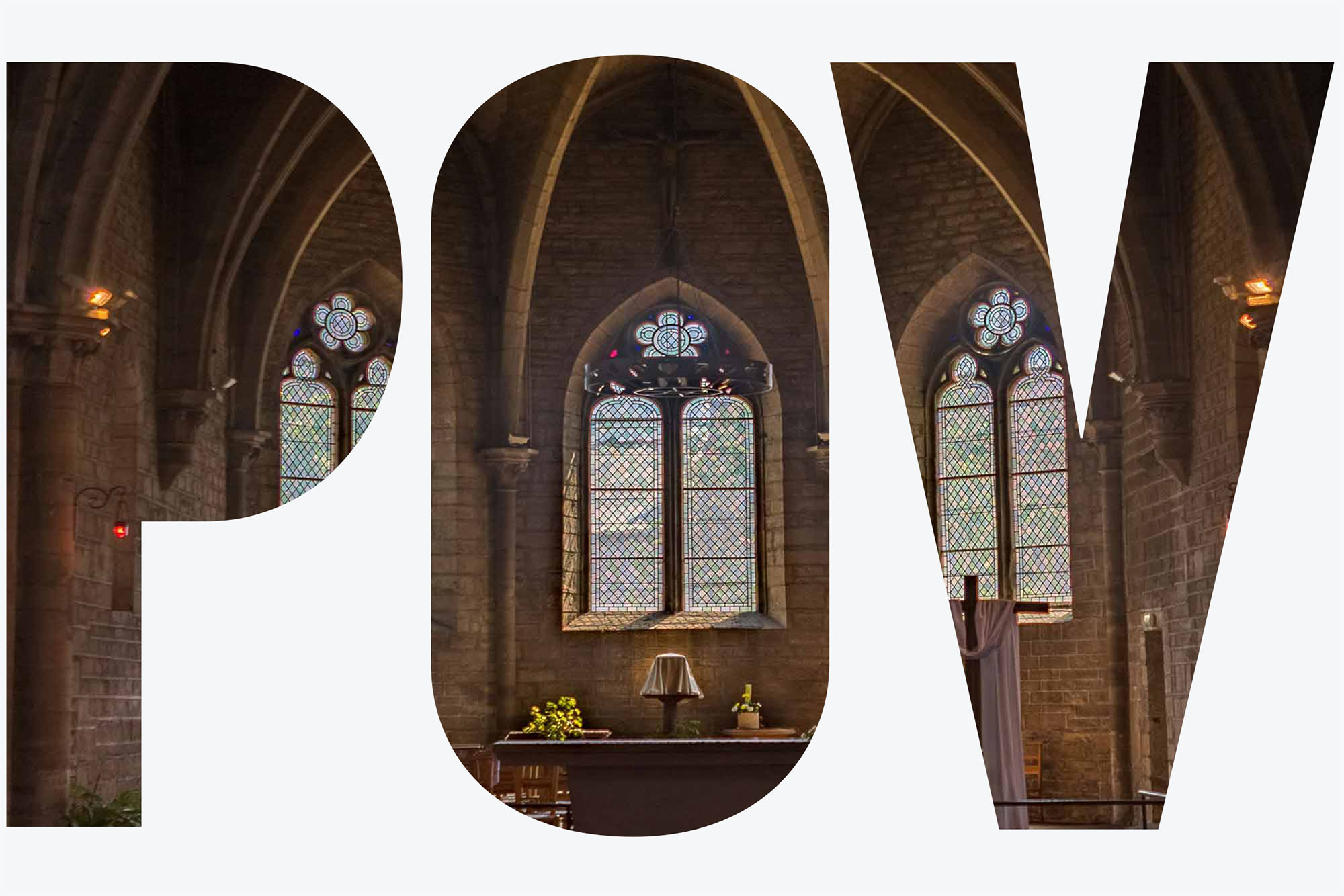 Photo: A stock image of an empty church with three stain glass windows. A POV overlay rests on top of the image.