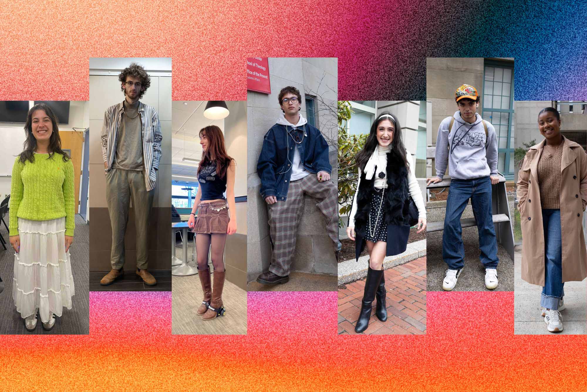 Photo: A composite image of 7 fashionably dressed students with a colorful background