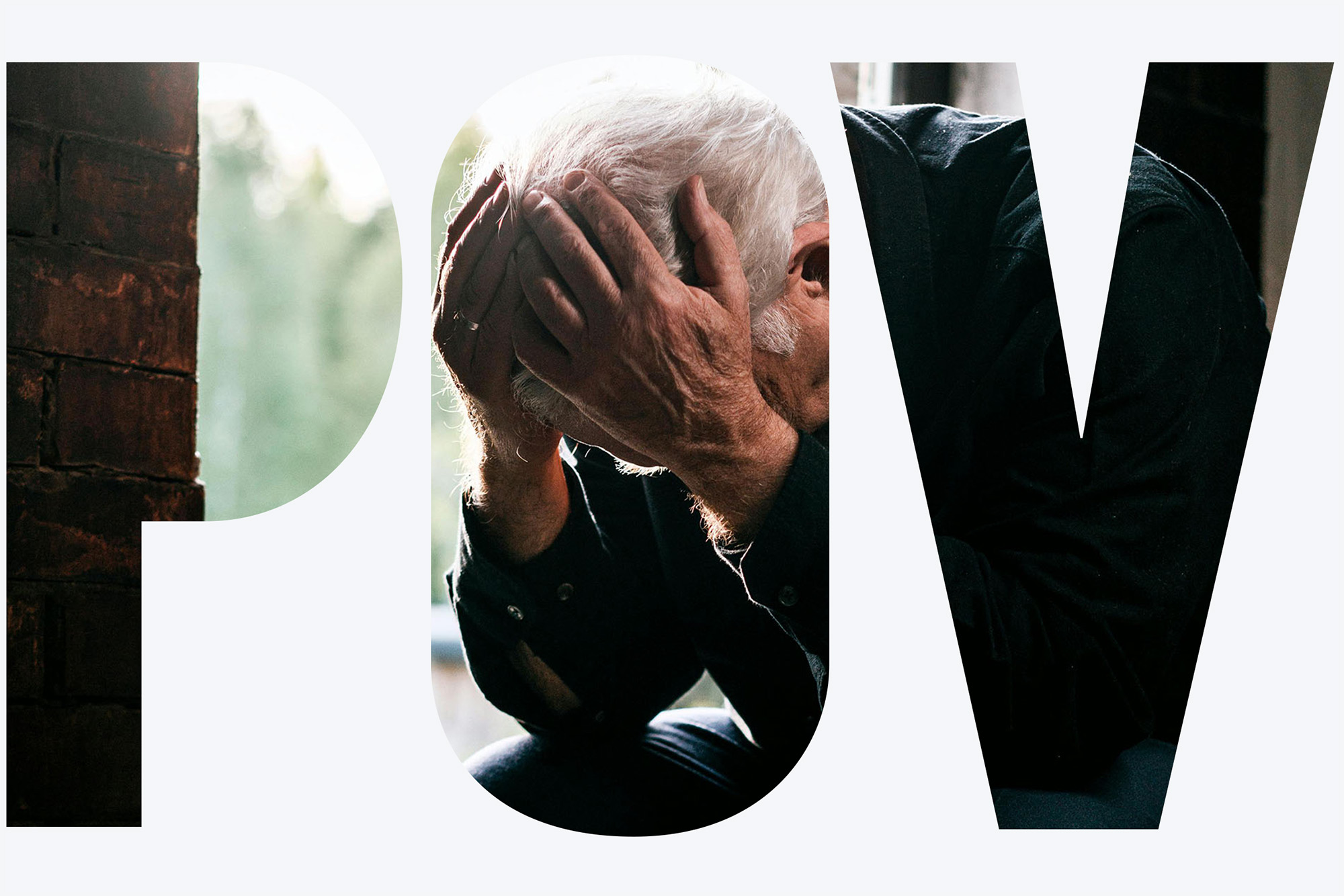 Photo: An older man with white hair and his head in his hands. There is an overlay with the letters "POV" on the image