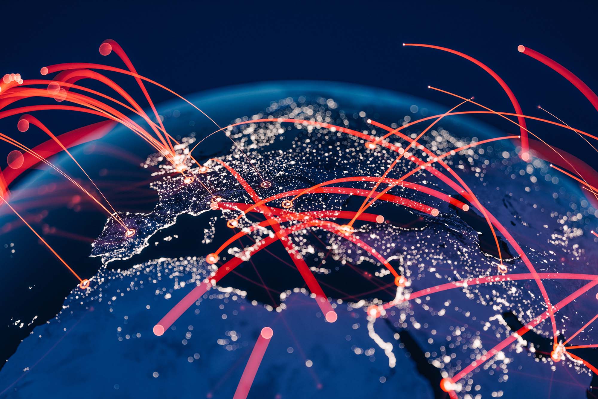 Photo: An illustration of global communication networks, with lines across the globe