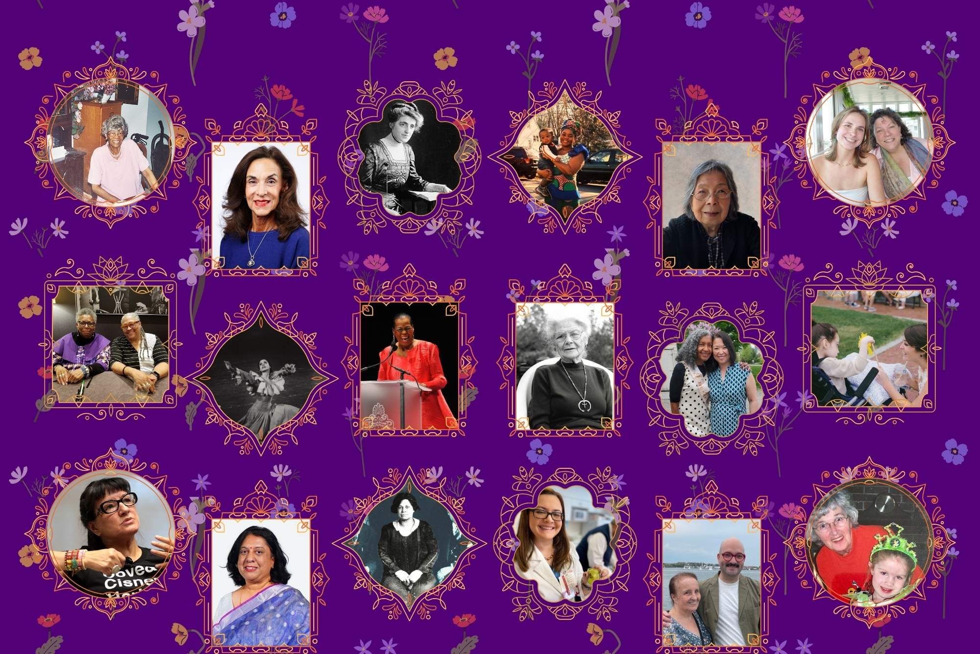 Photo: A collage with a purple floral background and 18 different pictures of various women