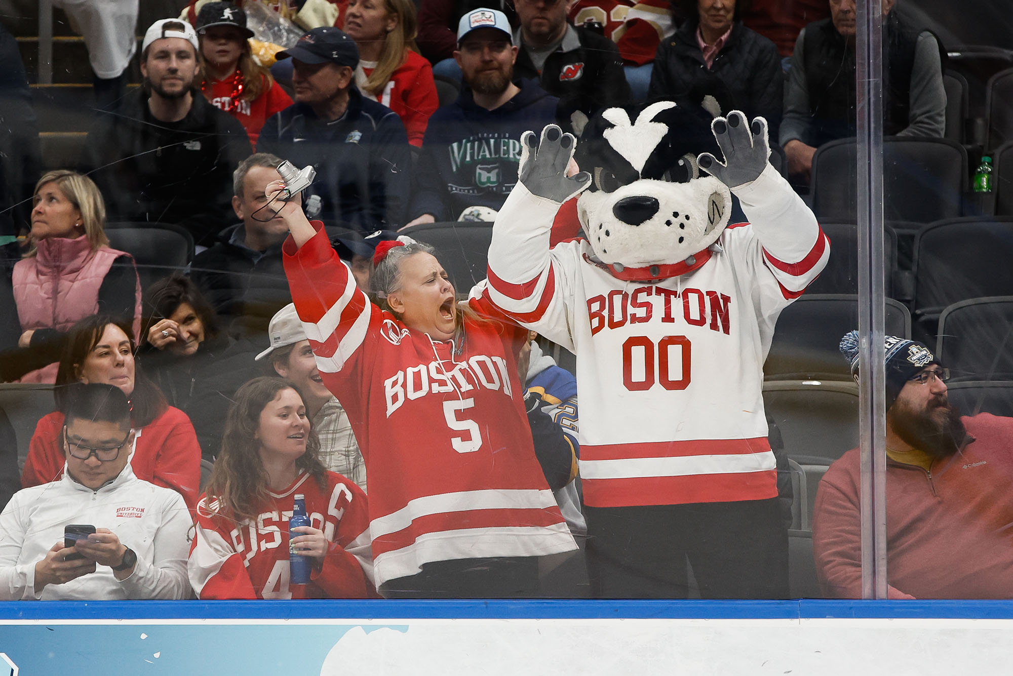 Photo: A woman wearing a BU hockey jersey and cheering with Rhett, BU's Boston terrier mascot, in the crowd at a game