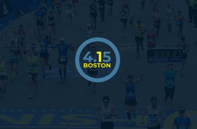 A group of marathon runners approaching the finish line at the Boston Marathon. The image is overlaid with a circular graphic in the center displaying "4.15 BOSTON", which stands for One Boston Day, in blue and yellow text.