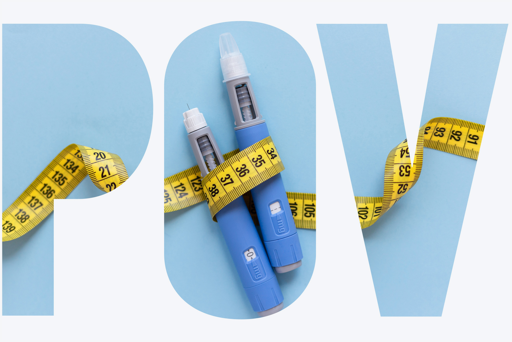 Photo: Two injectors for anti-obesity medication with yellow measuring tape wrapped around them in front of a blue background. There is an overlay with the letters "POV" over the image