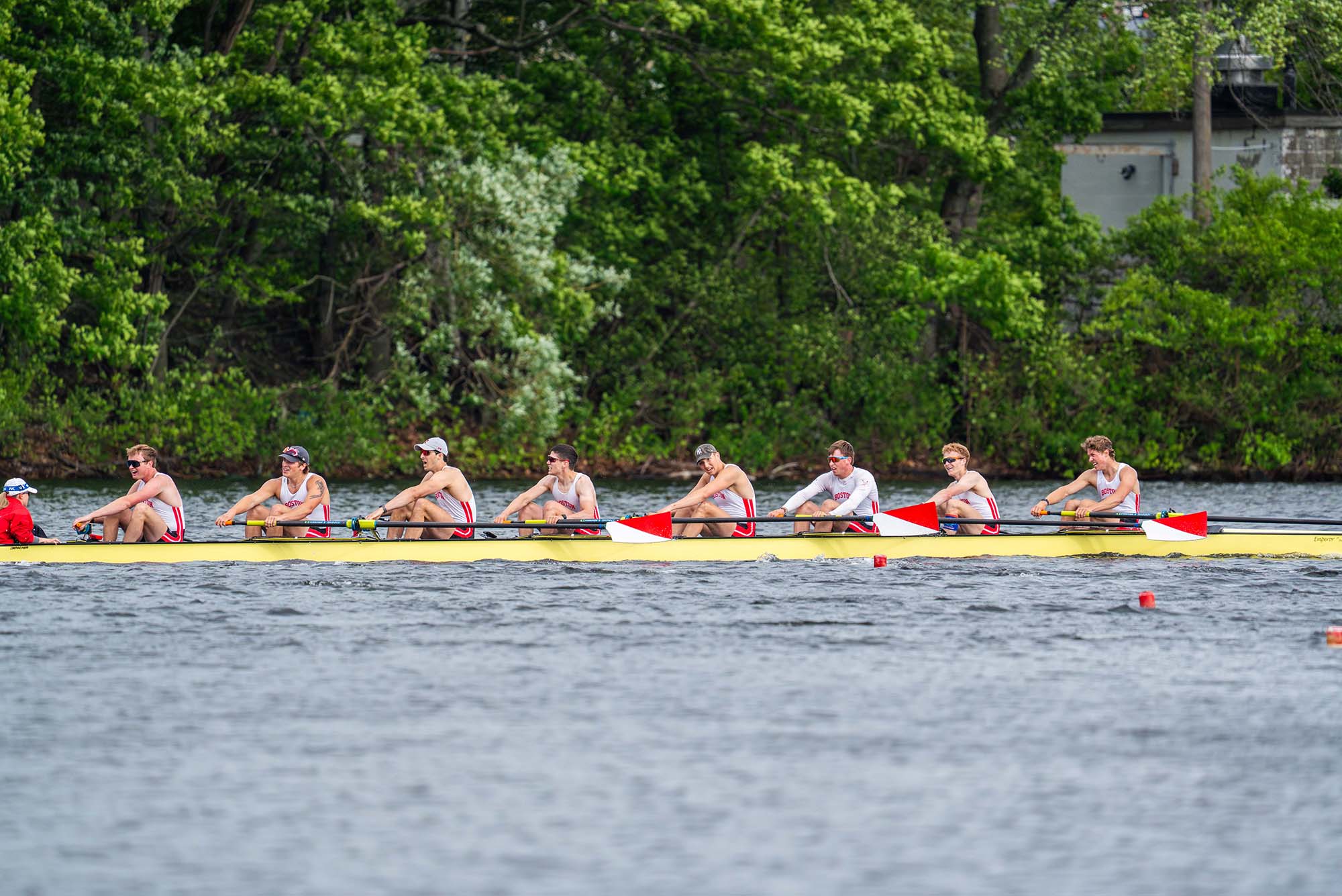 The men’s rowing varsity 8+ boat competing during the Eastern Sprints race May 18 on Lake Quinsigamond in Worcester, Mass. The men’s team has placed 10th in the IRA National Championship Regatta in the last three seasons. Photo by Eliza Nuestro/BU Athletics