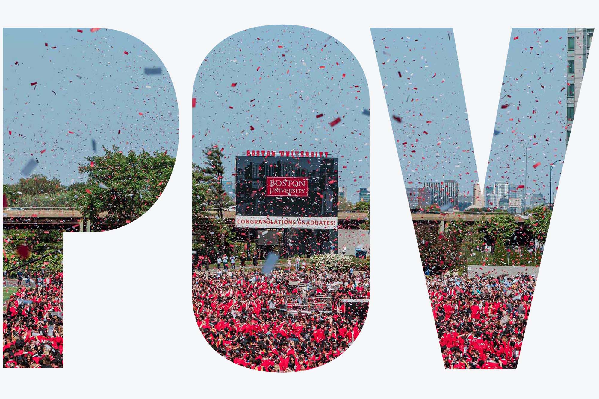 Photo: Confetti raining down during a BU Commencement ceremony. There is an overlay with the letters "POV" on the image