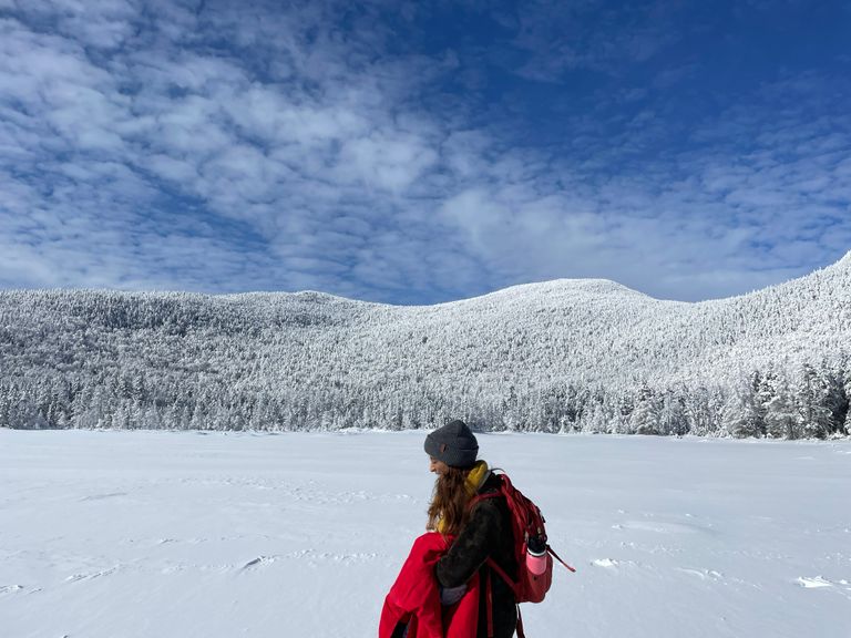 A person walking near the mountains in the snow