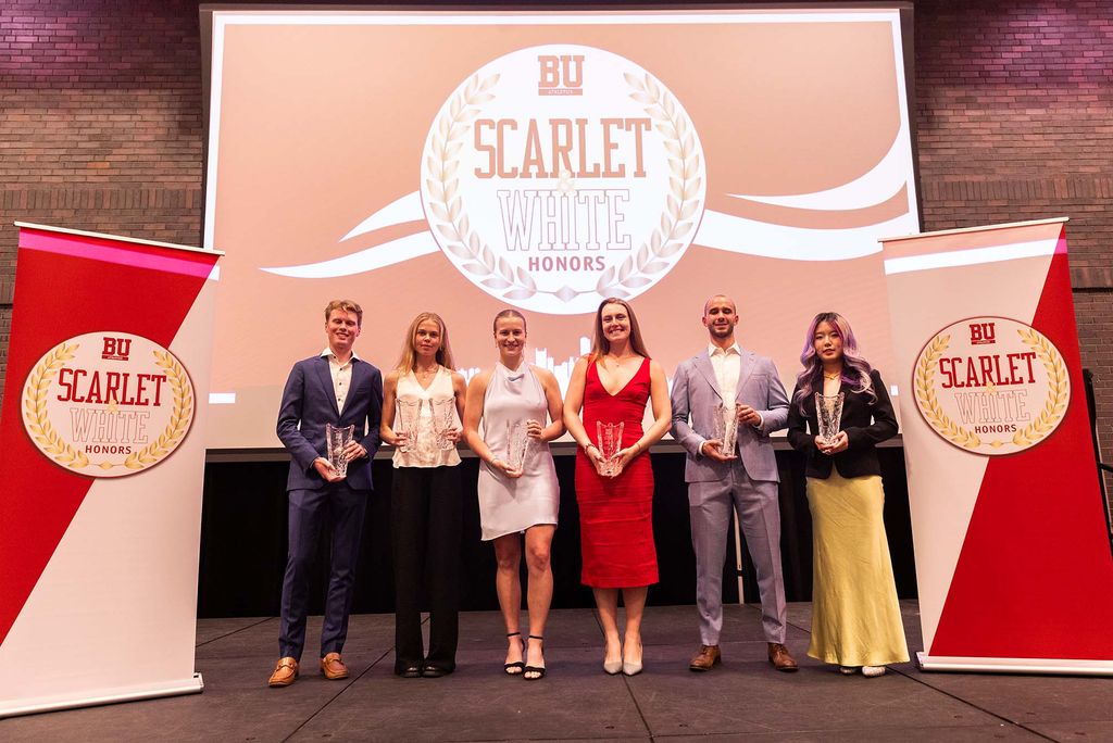 Photo: A group of BU student athletes that won awards at the annual Scarlet and White honors