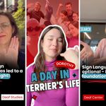 Photo: A composite image of three screenshots from BU Deaf Studies' Instagram page. From left to right the thumbails read "Ignoring sign language has led to a huge oversight," "A Day in Terrier's Life" and "Sign Language is not optional it's functional!"