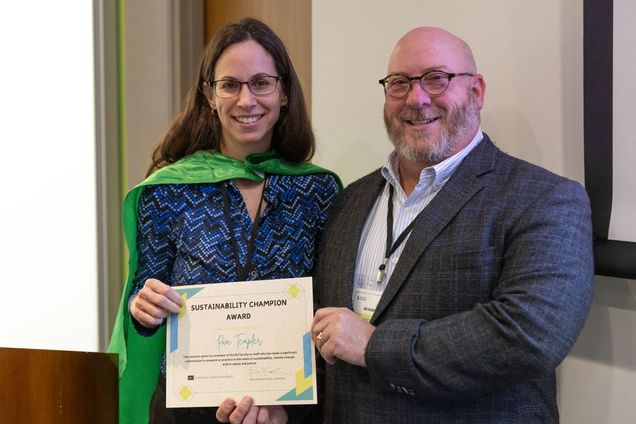 (Pictured left to right): IGS core faculty Pamela Templer (Biology) is presented the 2024 IGS Sustainability Champion Award by IGS advisory board member James Goudreau.