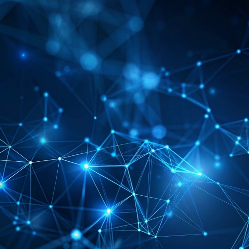 A network of blue dots connected to one another on a black background