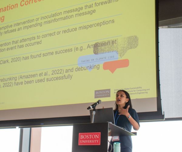 Arunmia Krishna gives a presentation on climate misinformation.