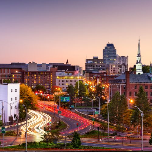 Two-way road snaking through a city
