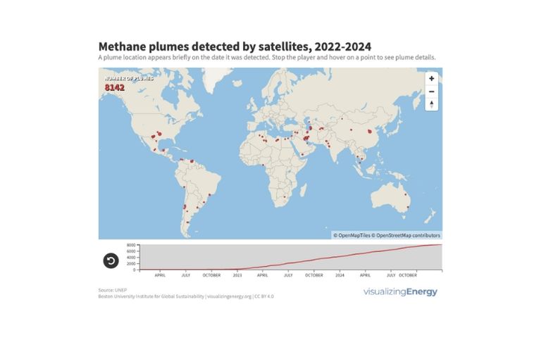Methane plumes detected by satellites, 2022-2024