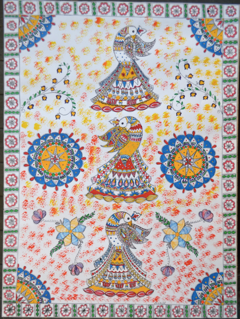 Madhubani hand-drawn art with blue, red, yellow, and green.
