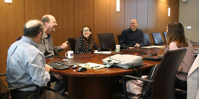 From left to right: James Bessen, Michael Meurer, Lydia Reichensperger, Timothy Simcoe, and Anna Salomons, (not pictured: Cesare Righi) at a recent meeting of TPRI scholars.