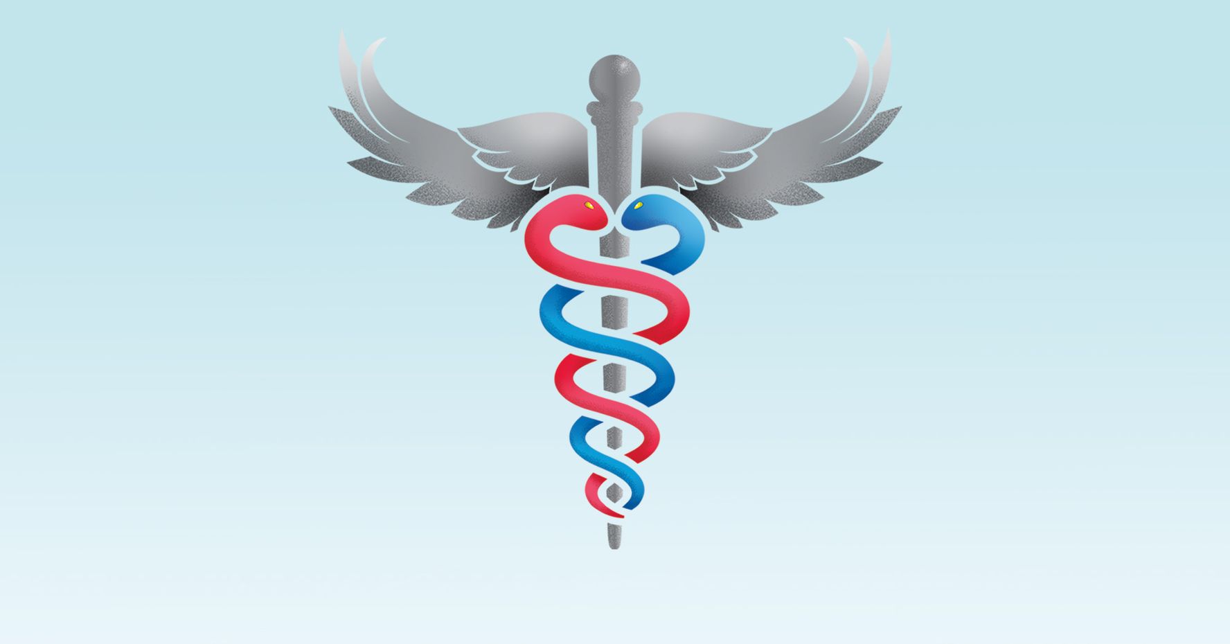 Staff of Hermes with a red and blue snake spiraling up