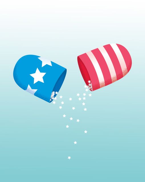 A red, white, and blue capsule pill with white stars falling from it