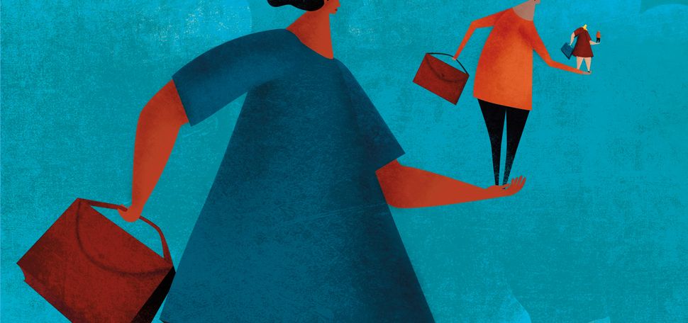 An illustration of a woman holding a briefcase in one hand and in the other hand, a smaller figure of a man who holds a briefcase in one hand and in the other, a smaller figure of another woman
