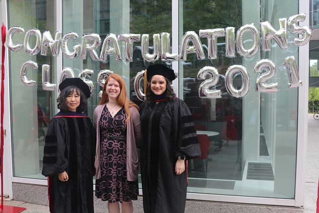 Jenny Hong (MSL'21), Director Christina Rice, and Danielle De Souza (MSL'21) at their graduation celebration