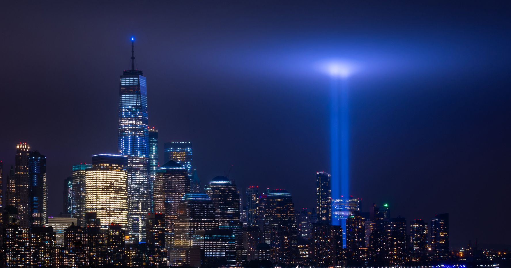 Two lights shine into the sky where the twin towers of the World Trade Center in New York City stood before 9/11