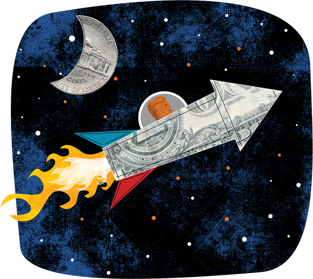 Illustration of rocket blasting into space past a nickel in the shape of a half moon