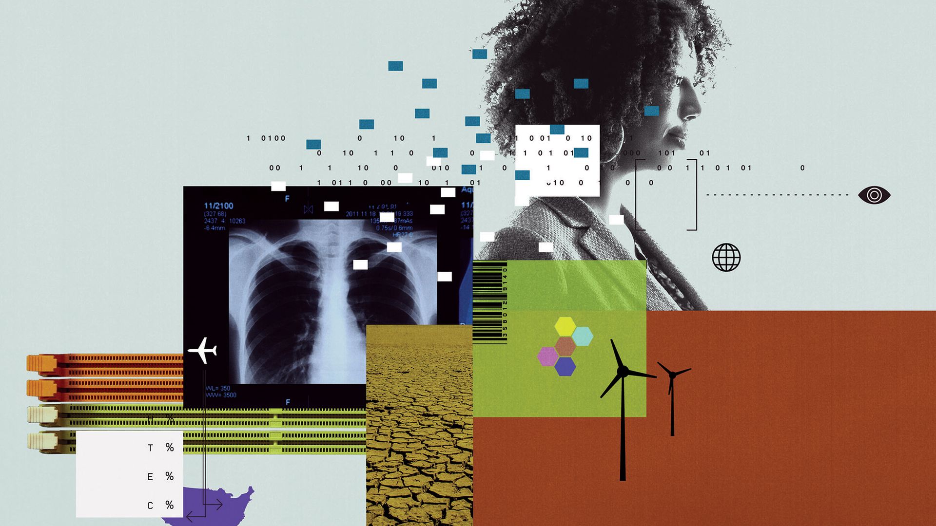 A collage featuring a woman in professional dress, windmills, an x-ray of a chest