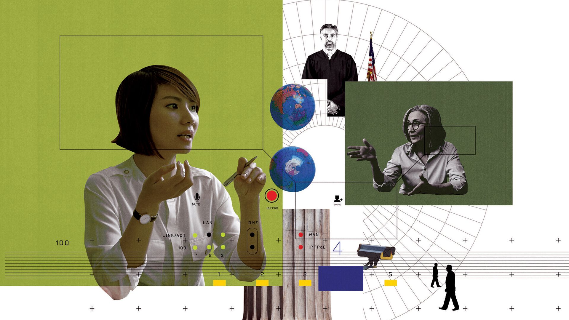A collage featuring two women in professional dress, a judge, a column from the Supreme Court building