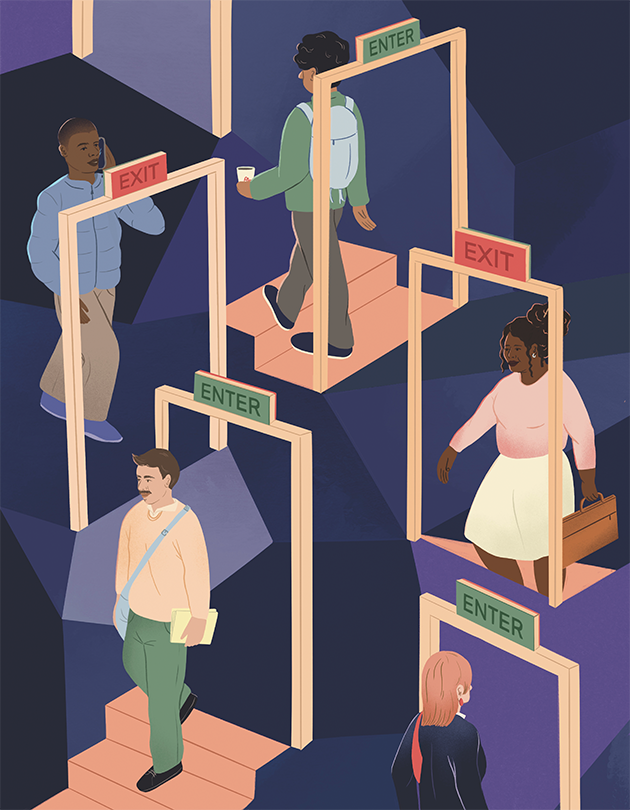 Illustration of different people walking through doorways marked “ENTER” and “EXIT”