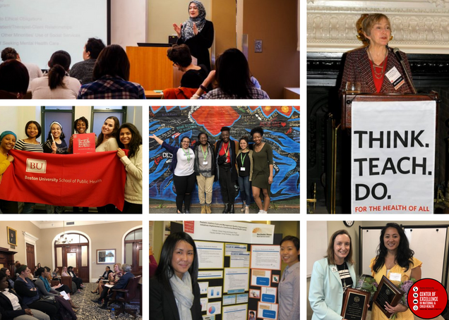 Collage of pictures in color of faculty, alumni, students, and speakers at BUSPH MCH COE