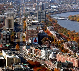 Aerial view looking westward from Kenmore Square to West Campus, with the Charles River on the north side.