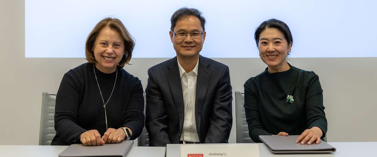 MET Dean Tanya Zlateva poses with CAEG President Jinsheng Li and Qingqing Zhou, CAEG’s employee director and deputy general manager of CPAA Theatres