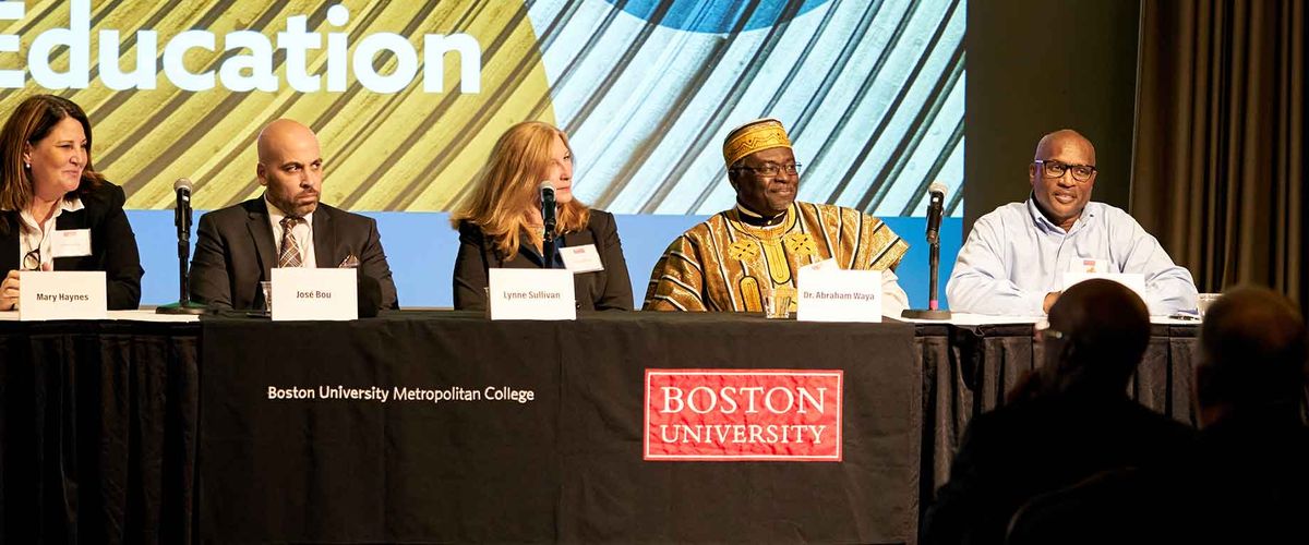 A group of five panelists speaking at “50 Years of Transformative Education,” a celebration of Prison Education at BU