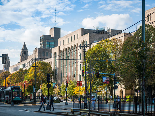 Wide shot of BU Campus along Commonwealth Avenue