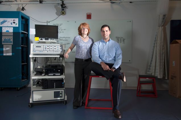 9/29/17 - Boston, Massachusetts Portrait of Sargent College Assistant Professors Terry Ellis, left, and Louis Awad. Awad and Ellis are collaborating with Harvards Wyss Institute to develop a soft exosuit that will ensure that the critical elements of gait are targeted in people who have sustained a stroke Photo by Dana Smith for Boston University Photography