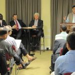 Amb. Lumumba, Adnan Amin, Mark Halle and Adil Najam speak to a packed audience